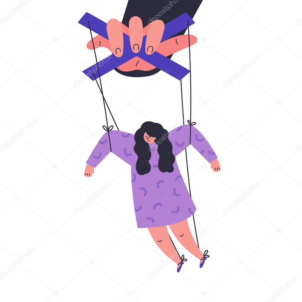 A man manipulates and abuses a woman.Manipulation male hand.Unhealthy toxic relationships in couple.Flat cartoon character isolated on white background.Vector colorful illustration.