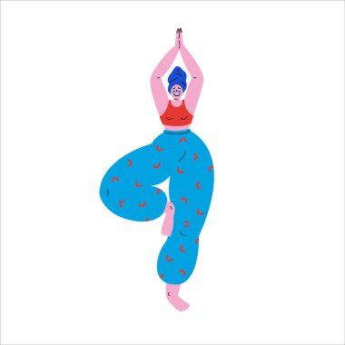 Ağaçta dikilen mutlu büyük beden kız yoga pozisyonu. Güzellik konsepti. Kafasında havluyla banyodan sonra göz altına bant yapıştıran güzel bir kadın.
