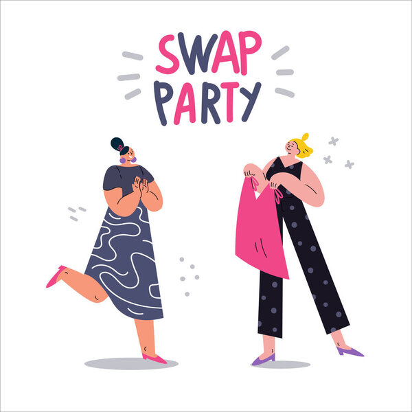Молодые социальные и экоответственные девушки на вечеринке моды Swap party template.Идея обменять свой старый гардероб на экологически чистую ткань exch.Vector мультяшная плоская иллюстрация