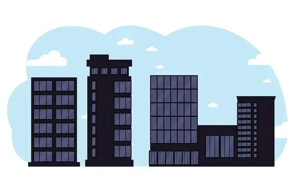 黒のビジネスセンターの建物や近代的な都市の家 街のイラスト空の背景にある塔や建物 白い背景に隔離されたフラット漫画のデザイン — ストックベクタ