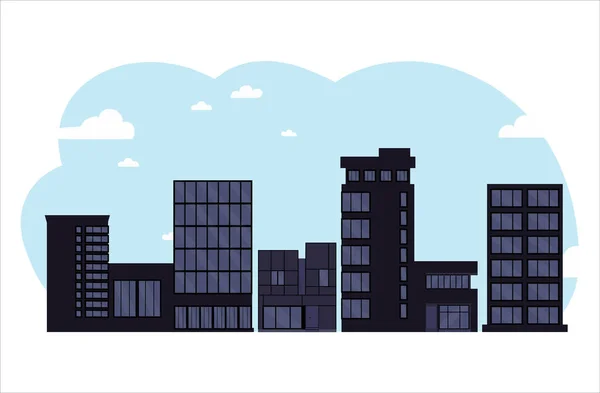 黒のビジネスセンターの建物や近代的な都市の家 街のイラスト空の背景にある塔や建物 白い背景に隔離されたフラット漫画のデザイン — ストックベクタ