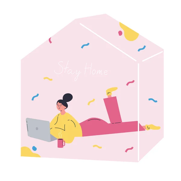 Girl with laptop resting at home.Self isolation, quarantine due to coronavirus.Stay home global period.Entertainment.Flat cartoon character isolated on white background.Colorful vector illustration. — Stock Illustration Girl Laptop Resting Home Self Isolation Quarantine Due Coronavirus Stay Royalty Free Stock Illustrations