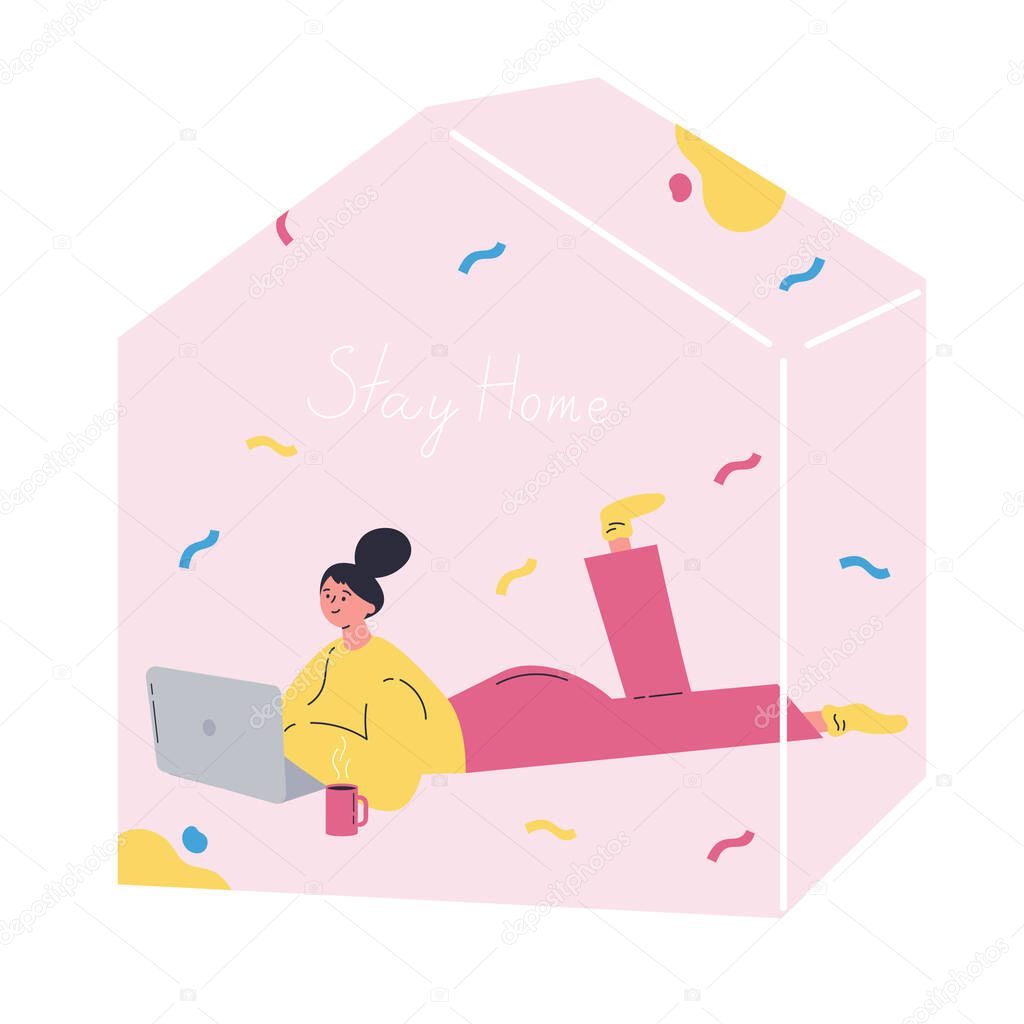 Girl with laptop resting at home.Self isolation, quarantine due to coronavirus.Stay home global period.Entertainment.Flat cartoon character isolated on white background.Colorful vector illustration.