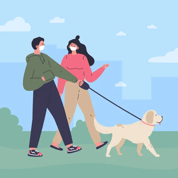 Paar mit weißer Maske geht mit Hund spazieren — Stockvektor