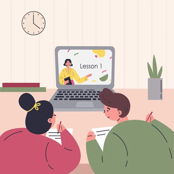 Educação Online Crianças Aprendem Aulas Sobre Laptop Cursos Online Aulas — Vetor de Stock