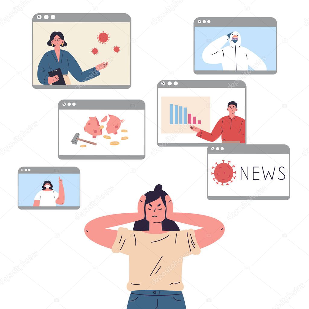 The young woman is tired of a lot of information and covers her ears so as not to hear the news.Stress from excessive amounts of information and news.Information detox.Information silence.Bad news.
