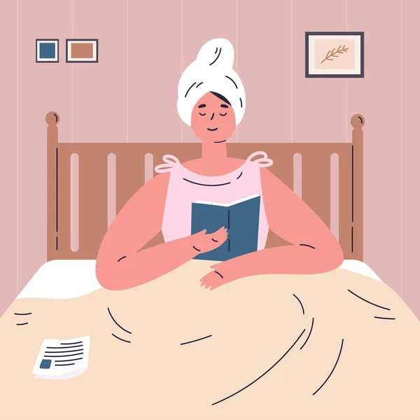 침대에서 책을 읽고 있는 여인, 집에서 쉬라 — 스톡 벡터
