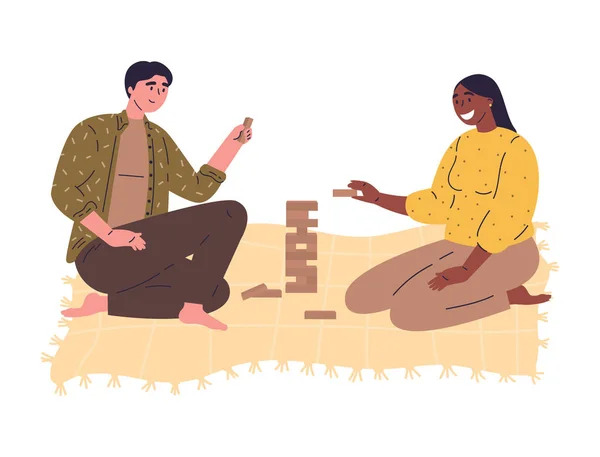 Jeune homme et femme jouant dans le jeu de bloc en bois — Image vectorielle