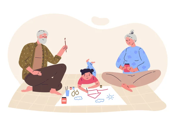 Kakek-nenek menggambar dengan cucu mereka - Stok Vektor