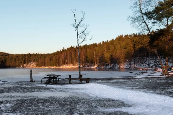 Winter lake at sunset. Winter time on forest lake. Winter landscape. Sunset on the frozen lake in the woods.