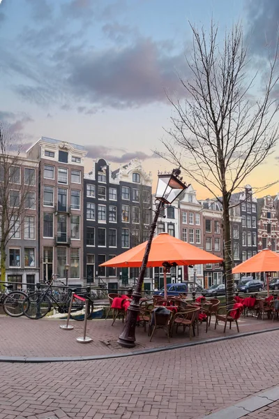 Architecture Amsterdam City Buildings Stone Pavement Old Town Bright Sunset — Stock Photo, Image