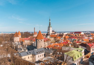 Tallinn eski şehrin panoramik manzarasına güneşli. Tallinn, Estonya
