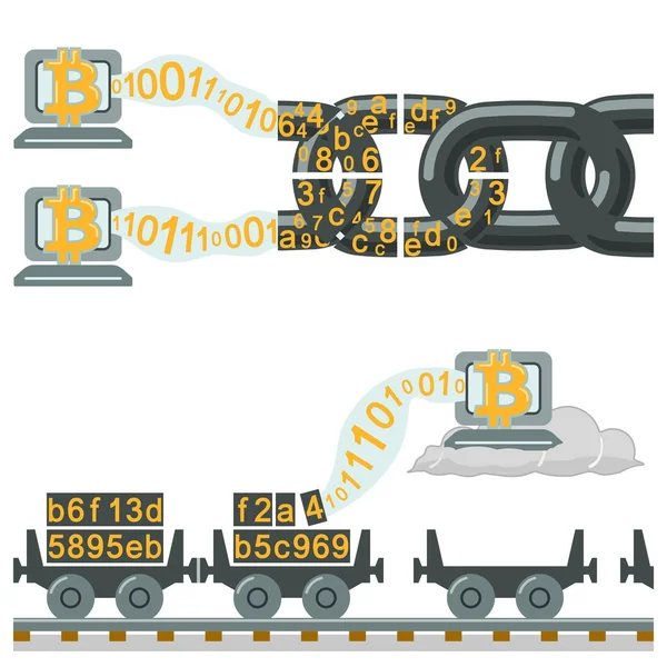Blockchain technologie jako řetězec nebo železniční vozy — Stockový vektor