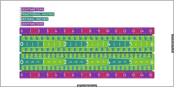 Comparison among rulers in fractional inches, decimal inches and centimeters — 스톡 벡터