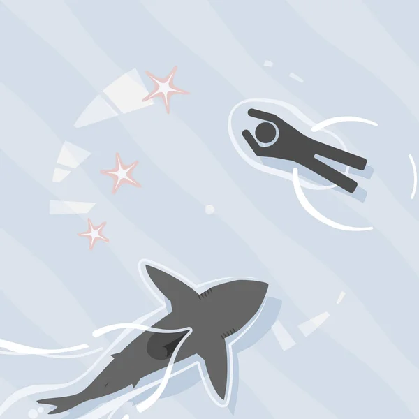 Pictogram scene of shark swimming dangerously close to unaware swimmer — Stock Vector