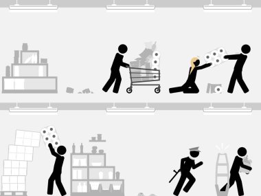 Chaotic scene in a supermarket where people hoarding toilet paper, canned food and other essential items clipart