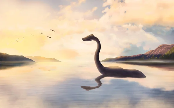 The Loch ness monster looks at the birds at sunset. — Stock Photo, Image