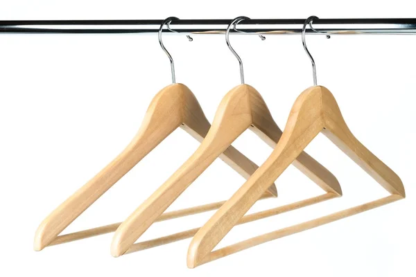 Three Wooden Coat Clothes Hangers Clothes Rail White Background Potential — Stock Photo, Image