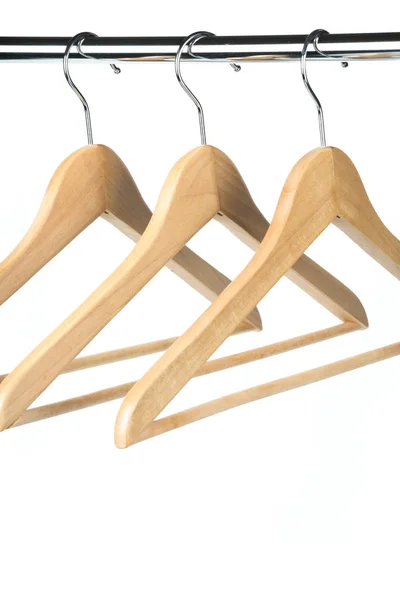 Empty Wooden Coat Clothes Hangers Clothes Rail White Background Potential — Stock Photo, Image