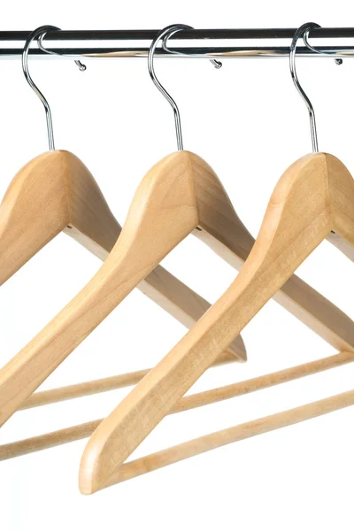 Three Wooden Coat Hangers Clothes Rail — Stock Photo, Image