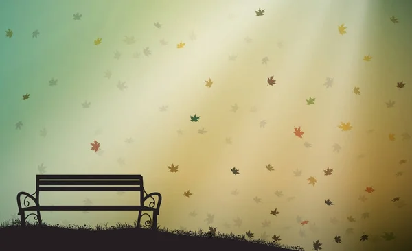 Empty bench with last autumn sun rays and leaves falling, shadows, October warm day, — Stock Vector