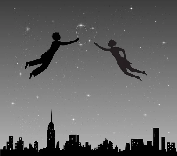 Garçon et fille volant dans le ciel nocturne — Image vectorielle