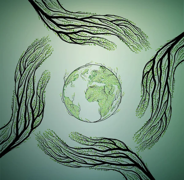 Mänskliga händer ser ut som trädgrenar och ta hand om jorden naturen koncept, skydda trädet idé, — Stock vektor