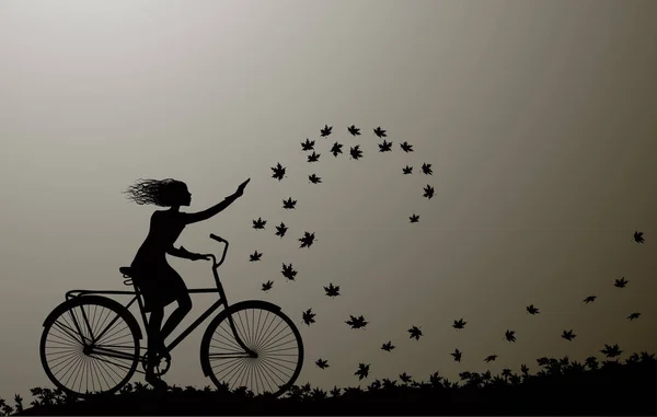 Otoño ven, chica montando en la bicicleta y las hojas de otoño girando, silueta, blanco y negro , — Archivo Imágenes Vectoriales