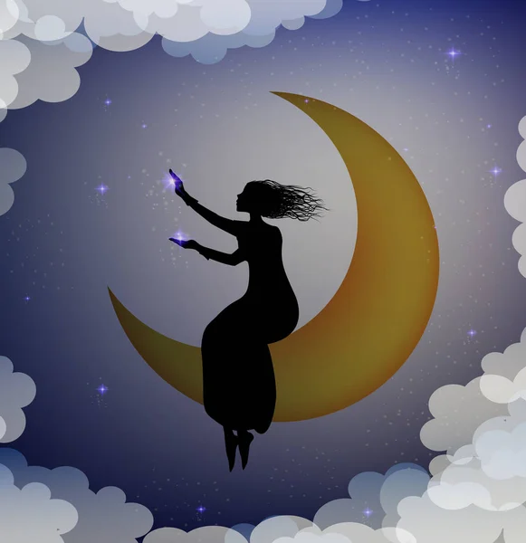 Dziewczyna siedzi na Księżycu i przytrzymując gwiazda, bajki na nocnym niebie, — Wektor stockowy