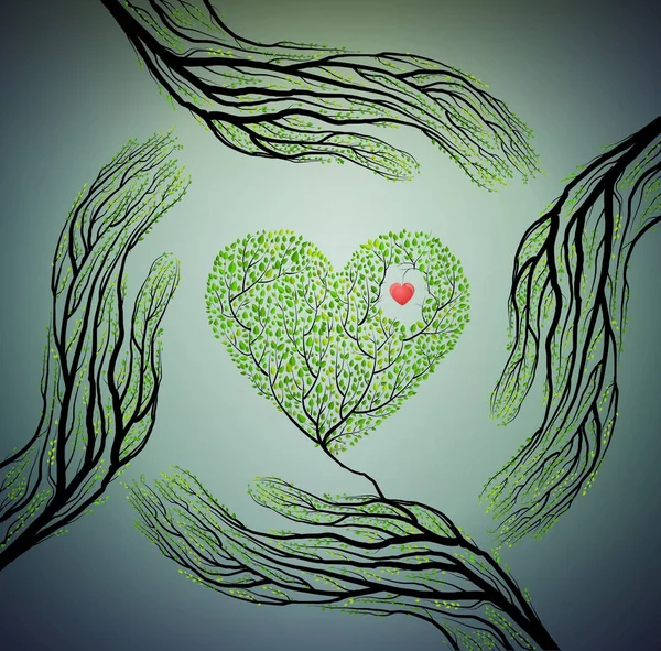 Les mains humaines ressemblent à des branches d'arbre et tiennent le cœur de l'arbre, aiment le concept de nature, protègent l'idée d'arbre , — Image vectorielle