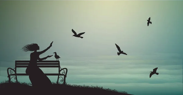Silhouette di ragazza seduta sulla panchina vicino al mare con alba e nutrire i gabbiani, ombre, ricordi , — Vettoriale Stock