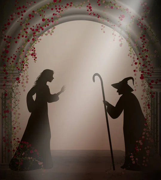Стара відьма і молода дівчина в старому покинутому замку з червоними трояндами, персонажами Хеллоуїна або казковими персонажами , — стоковий вектор