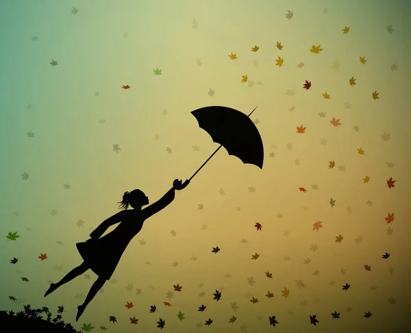 Молодая девушка улетает с зонтиком, осенний ветер , — стоковый вектор
