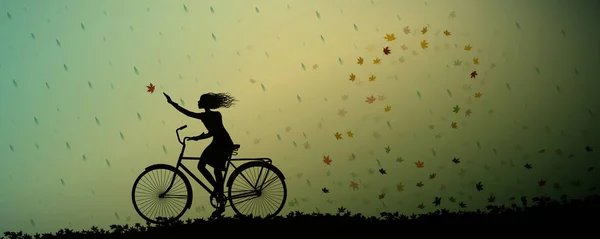 Chuva de outono, menina andando na bicicleta e folhas de outono rodopiando e chuva começou, silhueta , —  Vetores de Stock