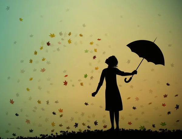 傘と紅葉の下で若い女の子が立っています。, — ストックベクタ
