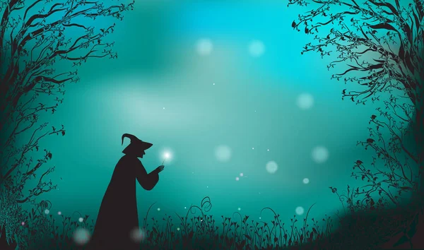 Deep fairy forest silhouette and witch with magic — Stock Vector