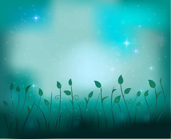 Fairy plant glade silhouette at night, fireflies in the summer dream background, vector, — Stock Vector