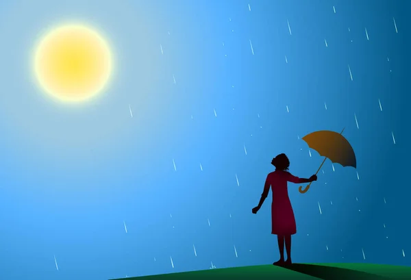 Chica joven en vestido rojo de pie en la lluvia tira a un lado paraguas rojo para mirar el sol brillante, la lluvia ha terminado , — Vector de stock