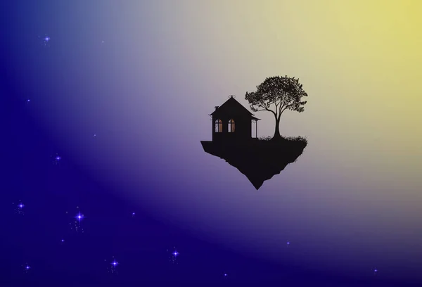 Hus och träd på flygande rock, där Gud bor, hem i rymden, — Stock vektor