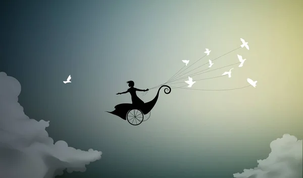 Menina está voando em carruagem de fadas e segurando rebanho de pombos, voar para o sol , — Vetor de Stock