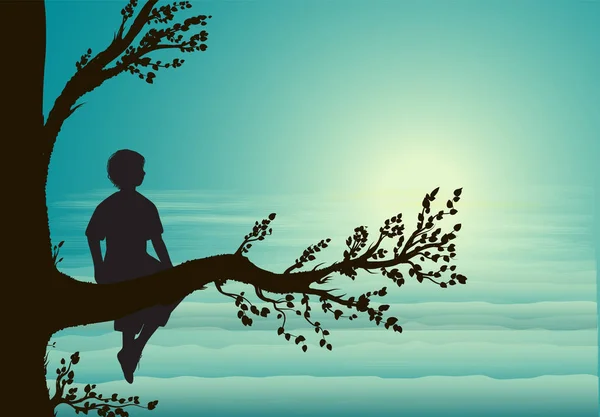 Мальчик сидит на большой ветке дерева, силуэт, секретное место, детская память, мечта , — стоковый вектор