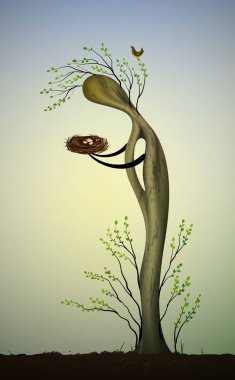 yuva kuş, ağaç ve kuşlar, kuş, gerçeküstü ağaç rüya gibi ağaç kaydetmek için yumurta ile tutan bir erkek gibi canlı ağaç,