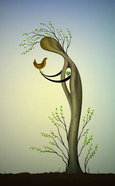 Живе дерево, як людина з зеленим серцем, що тримає птаха, врятуйте дерево і птахів, дерево, як птах , — стоковий вектор