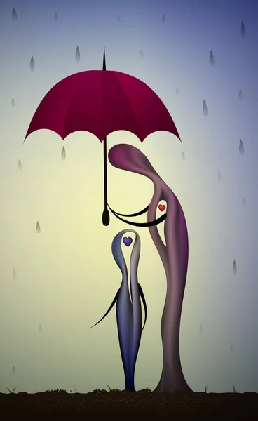 Сюрреалистические люди, статуя матери покрыть зонтик над сыном, заботиться о детях идея, семейная концепция , — стоковый вектор