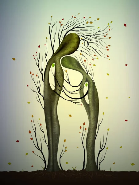 Δύο δέντρα σε αγάπη μοιάζει με άνδρας και γυναίκα, δέντρο αγκαλιά, οικογένειας έννοια, γερνάει μαζί, τα συναισθήματα του φθινοπώρου δέντρο, — Διανυσματικό Αρχείο