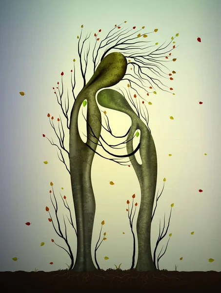 Dos árboles enamorados parecen hombre y mujer, abrazo de árbol, concepto familiar, envejecer juntos, sentimientos de árboles otoñales , — Vector de stock