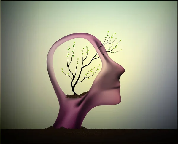 Perfil del hombre con el árbol creciendo dentro de su cabeza, pensar positivo, refrescar el sistema nervioso , — Vector de stock