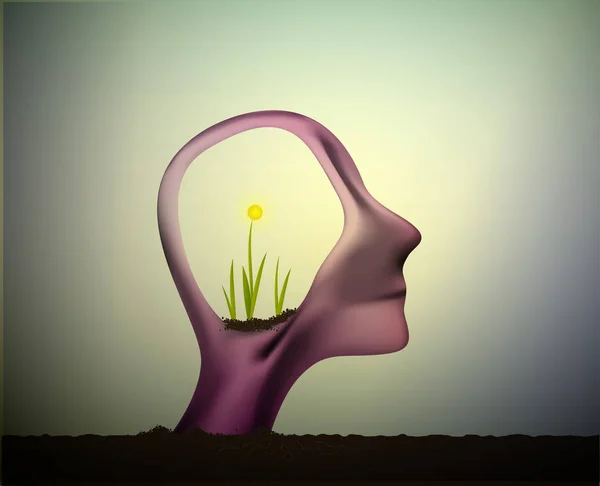 Profiel van de man met de bloem plant groeit in zijn hoofd, denk positief, vernieuwen het zenuwstelsel, — Stockvector