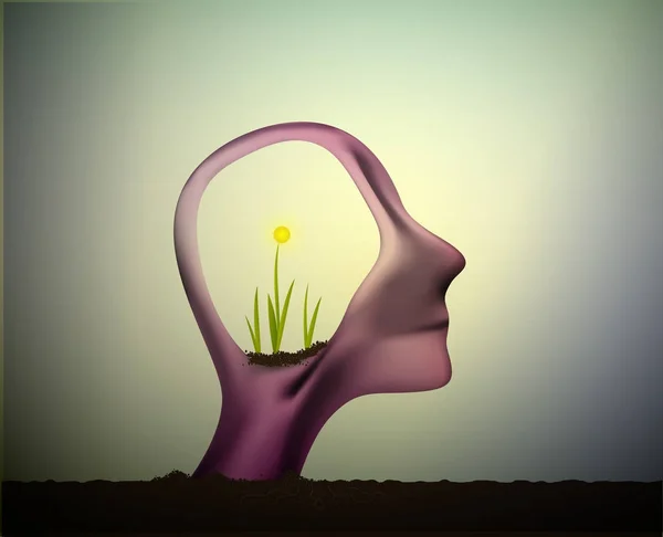 Perfil del hombre con la planta de la flor que crece dentro de su cabeza, piensa positivo, refresca el sistema nervioso , — Vector de stock