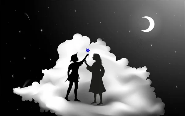 Peter Pan story, Peter Pan and Wendy standing on the cloud, fairy night, — Stock Vector